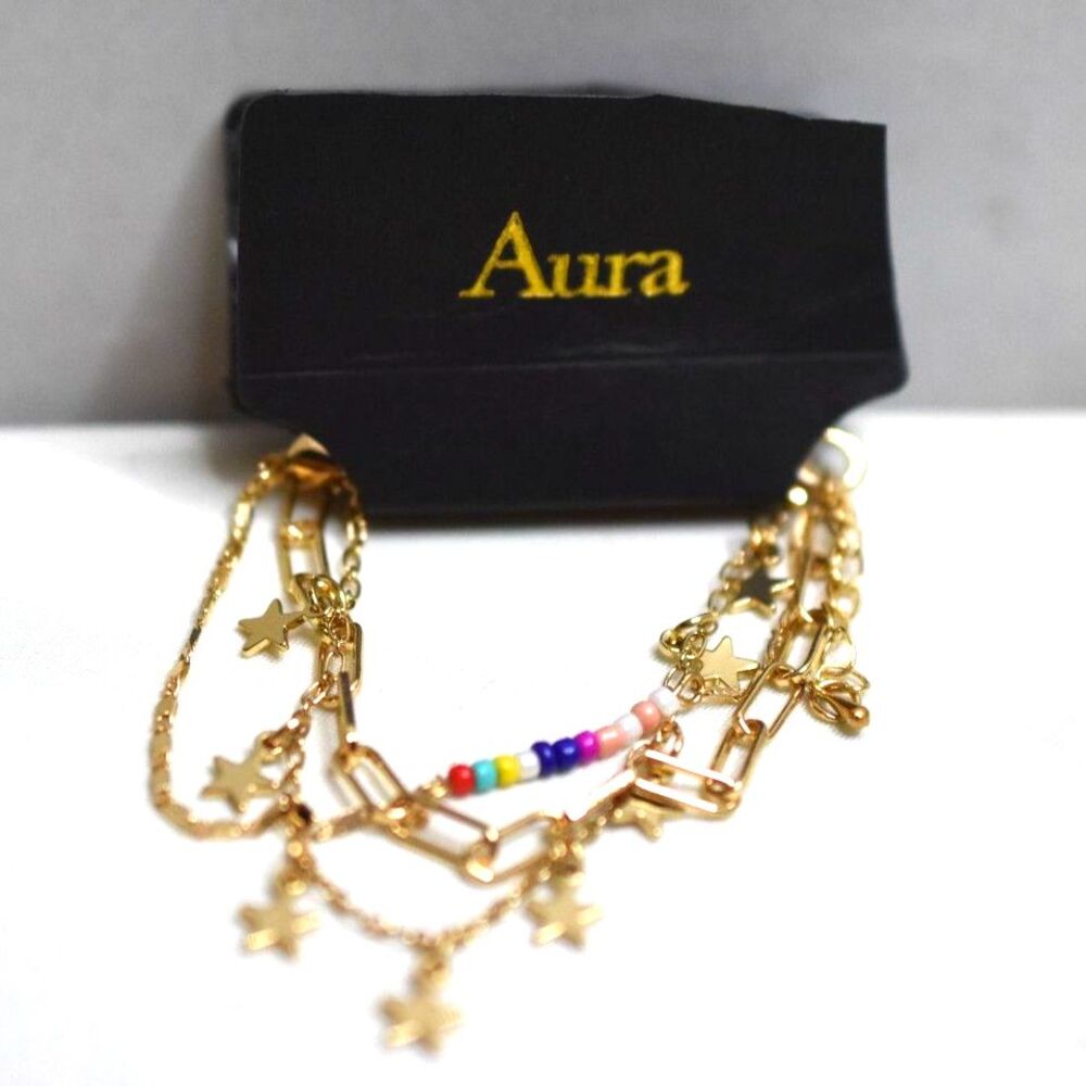 NWT Aura 3pc Gold Tone Star Charms/Colorful Beads/Paper Clip Chain 6" Bracelets